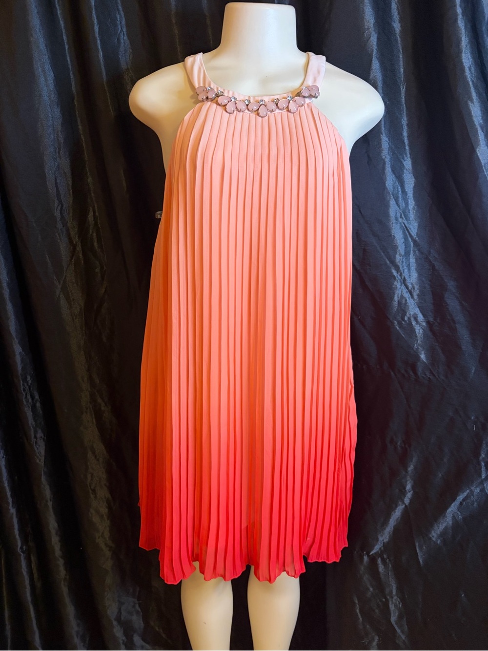 Pleated Ombre Mini Dress with Jeweled Halter - Pink to Coral
